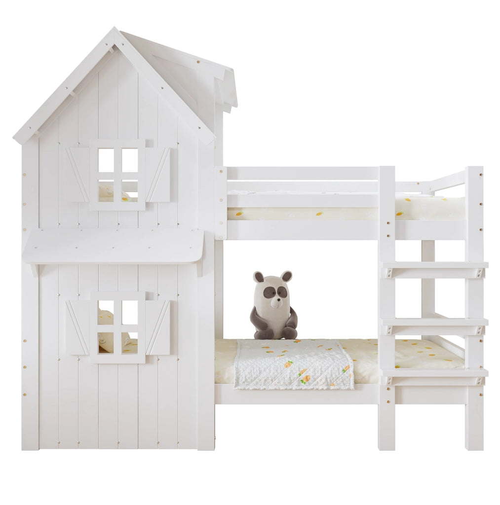 Letto a castello per bambini bianco 90x200 cm con tetto, finestre e scala