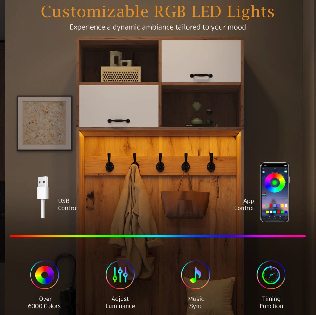 Mobile ingresso moderno con panca; 5 ganci; 4 vani aperti e illuminazione regolabile; 80x35x185 cm; bianco e naturale