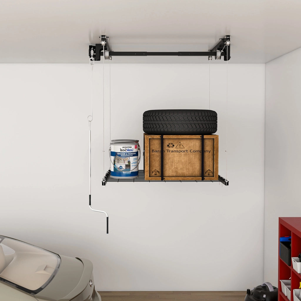 Scaffale da garage con sistema a manovella e blocco manuale per montaggio a soffitto; acciaio; nero; 120×120 cm