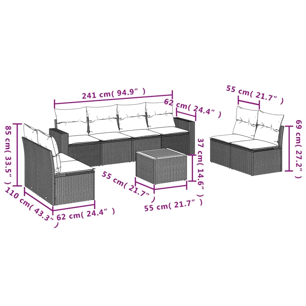 Set Divano da Giardino 9 pz con Cuscini Grigio in Polyrattan 3224086