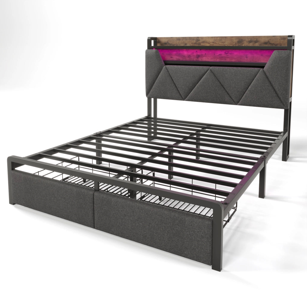 Letto matrimoniale 140x200 con testiera contenitore, LED, USB-C e 2 cassetti, struttura in metallo grigia
