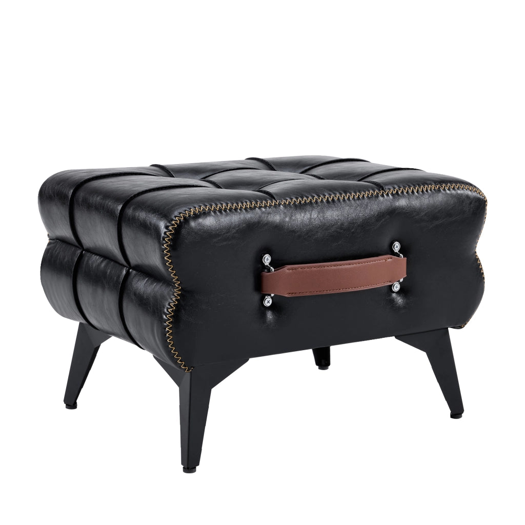 Pouf poggiapiedi portatile in PU nero con struttura in acciaio e maniglia laterale