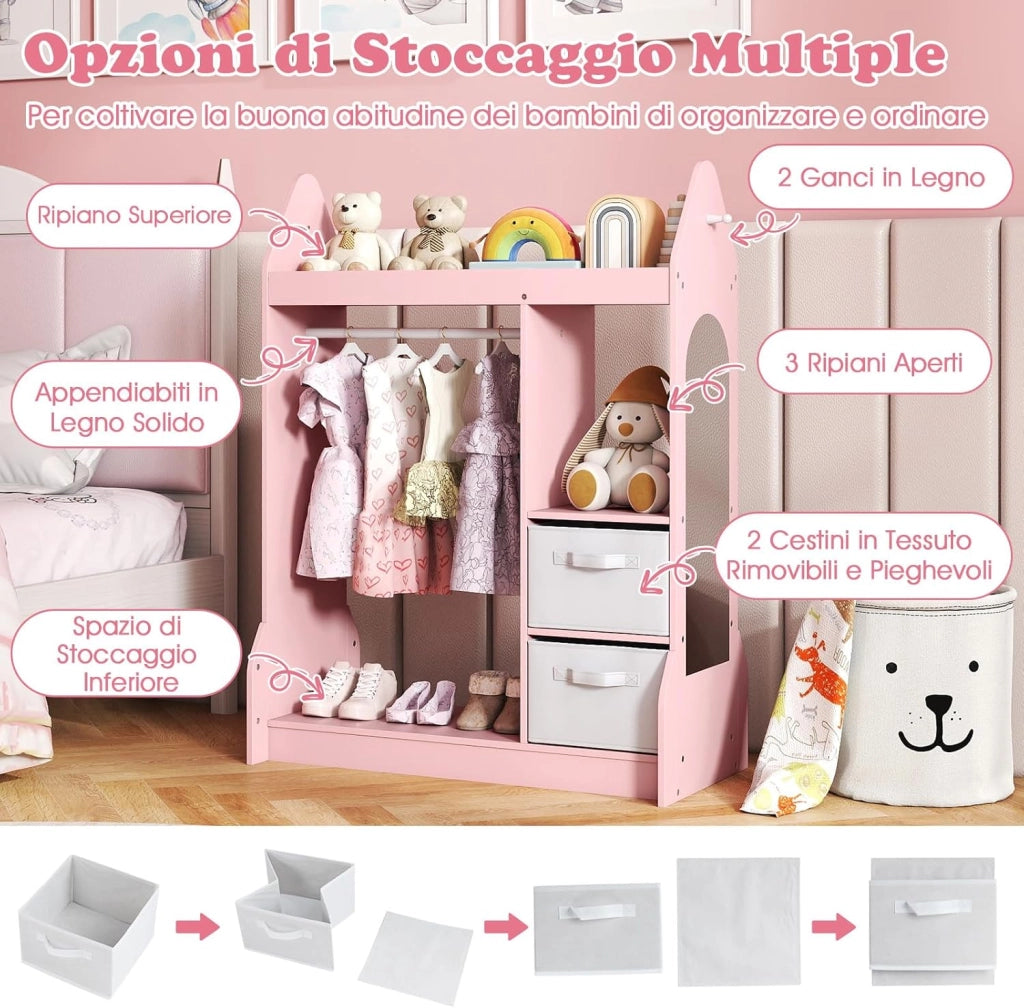 Guardaroba per Bambini, Armadio Gioco con Specchio Appendiabiti, Cassette in Tessuto Pieghevoli, Organizer per Stanza e Camera da Letto, 81 x 38 x 107 cm (Rosa)