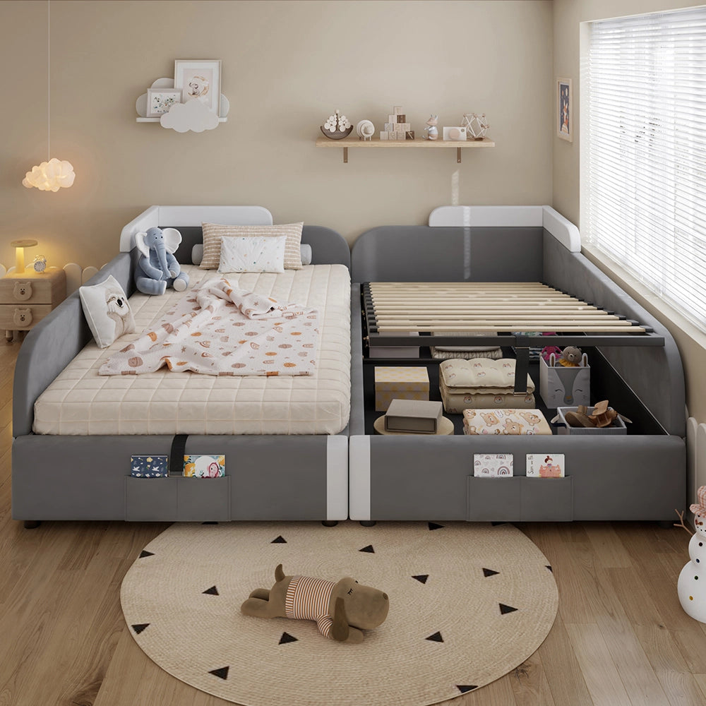 Letto a Castello Bambino Idraulico con Contenitore 90x200cm - Xylo - Velluto Grigio