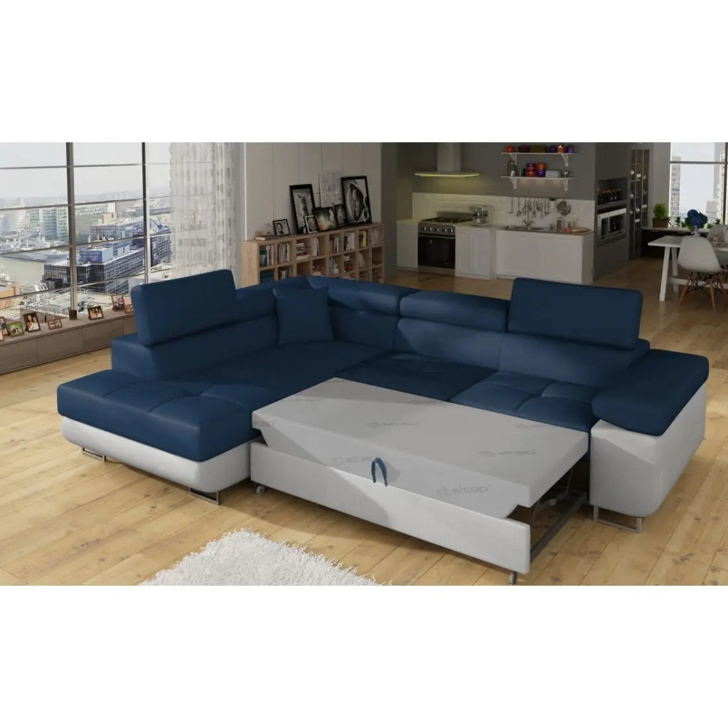 Divano angolare trasformabile MENTON blu oceano e bianco bouclé – Angolo sinistro con vano contenitore