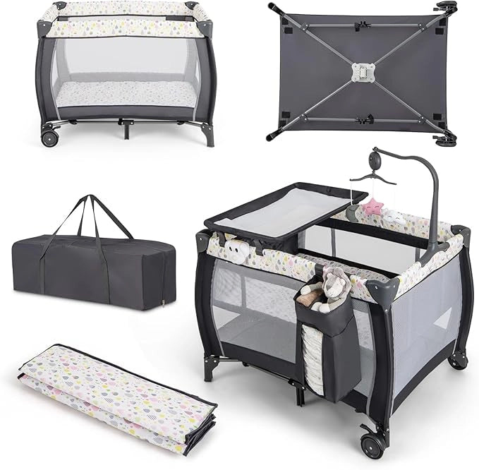 3 in 1 Lettino da Viaggio per Neonati, Lettino da Campeggio Portatile per Bambini con Culla e Fasciatoio Rimovibile, Materasso Rimovibile, per Bambini 0-36 Mesi (Colorato)