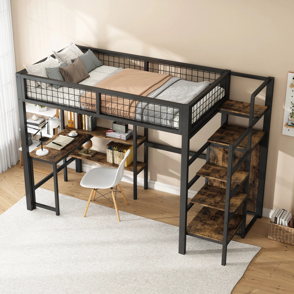 OKWISH Letto a Soppalco 90×200 cm, Letto Singolo con Scrivania, Mensole e Armadio, senza Materasso, in Metallo e MDF, Nero e Marrone
