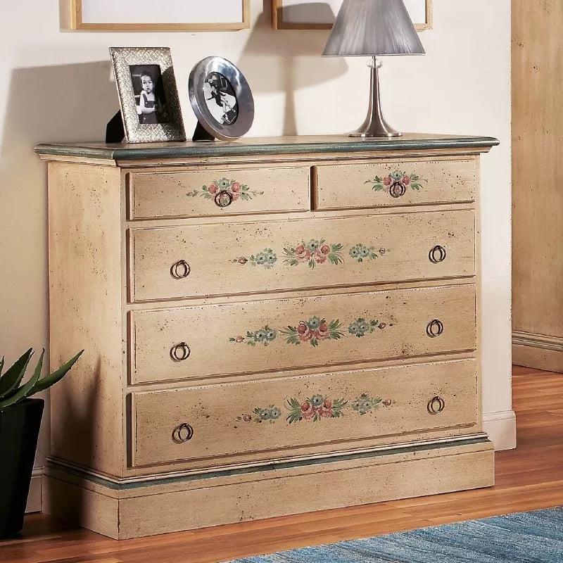  cassettiera arte povera 5 cassetti legno shabby avorio 117x51x101 (1429) - Mobili 2G