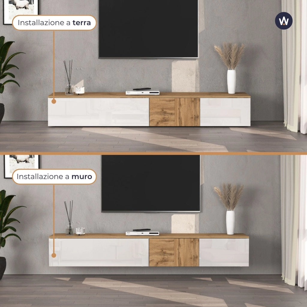 WHOUS Mobile porta TV sospeso Iseo con 2 ante e 1 ribalta bianco lucido e rovere 200x35x30 cm