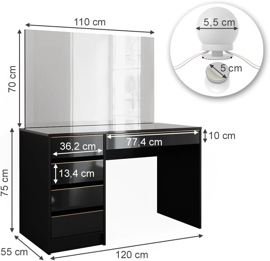 Vicco Set tavolino da toilette Sherry, Nero/oro, 120 cm con illuminazione a LED, con illuminazione LED e grande specchio rettangolare