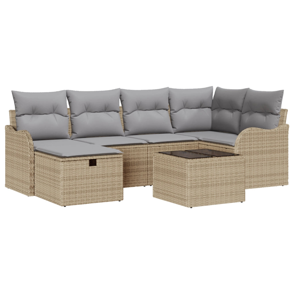 Set divani giardino con cuscini beige in polyrattan da 7 pezzi