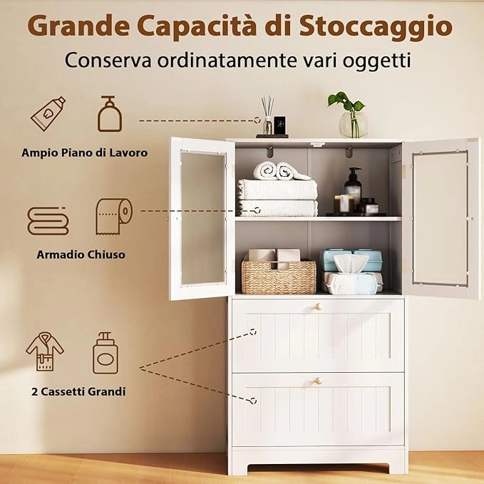 Armadio da Bagno a Terra, Armadietto Autoportante con 2 Cassetti e 2 Ante in Vetro Opaco e Ripiano Regolabile, Mobile Salvaspazio per Bagno, Cucina e Salotto (Bianco, 60x30x108cm)