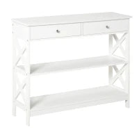 Tavolo Consolle con 2 Cassetti e 2 Mensole, Consolle Ingresso e Soggiorno in MDF, 100x30.5x80cm, Bianco