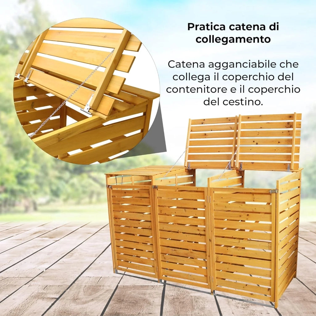 Triplo Copribidone della Spazzatura in Legno Robusto per Contenere 3 Bidoni 240L