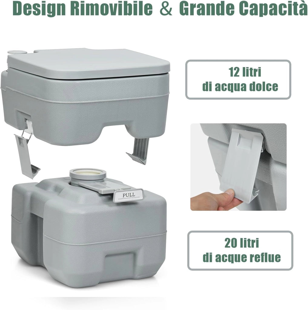 WC Portatile 20L, Bagno Chimico con 2 Serbatoi Rimovibili, Coperchio Anti-Odore, Maniglia, Carico Massimo 150 KG, Toilette Portatile per Campeggio, Viaggi, Auto, 36 X 42 X 43 CM (Grigio)