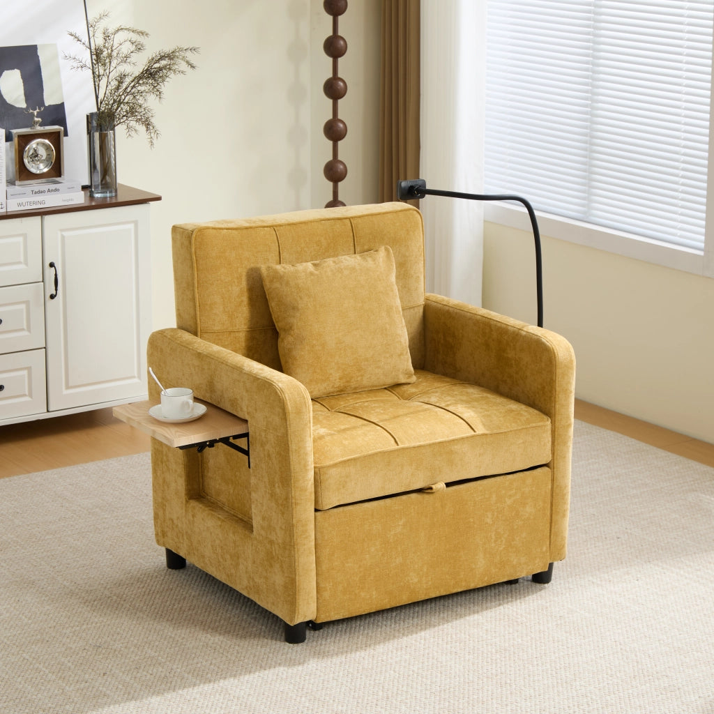 Poltrona letto 1 posto - con schienale regolabile e tasche laterali - chenille giallo senape