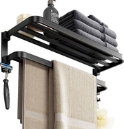 Sostegno asciugamano nero opaco - Acciaio - Sostegno asciugamano bagno - 2 strati di alluminio - Sostegno asciugamano doccia - Ripiegabile - 58 cm