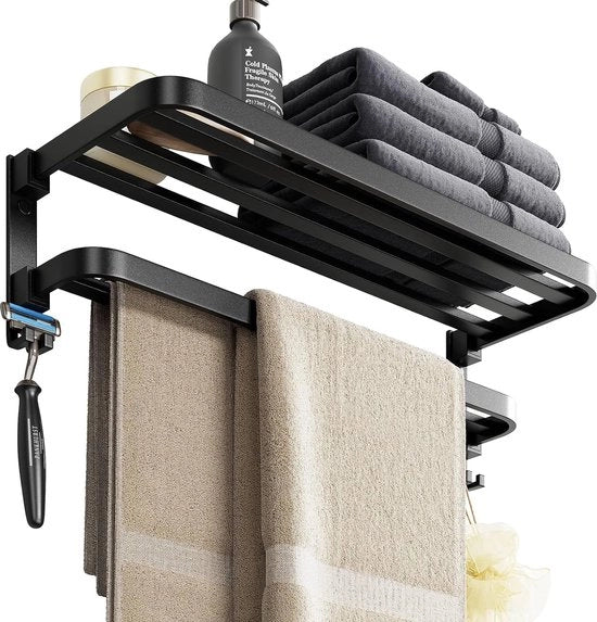 Sostegno asciugamano nero opaco - Acciaio - Sostegno asciugamano bagno - 2 strati di alluminio - Sostegno asciugamano doccia - Ripiegabile - 58 cm