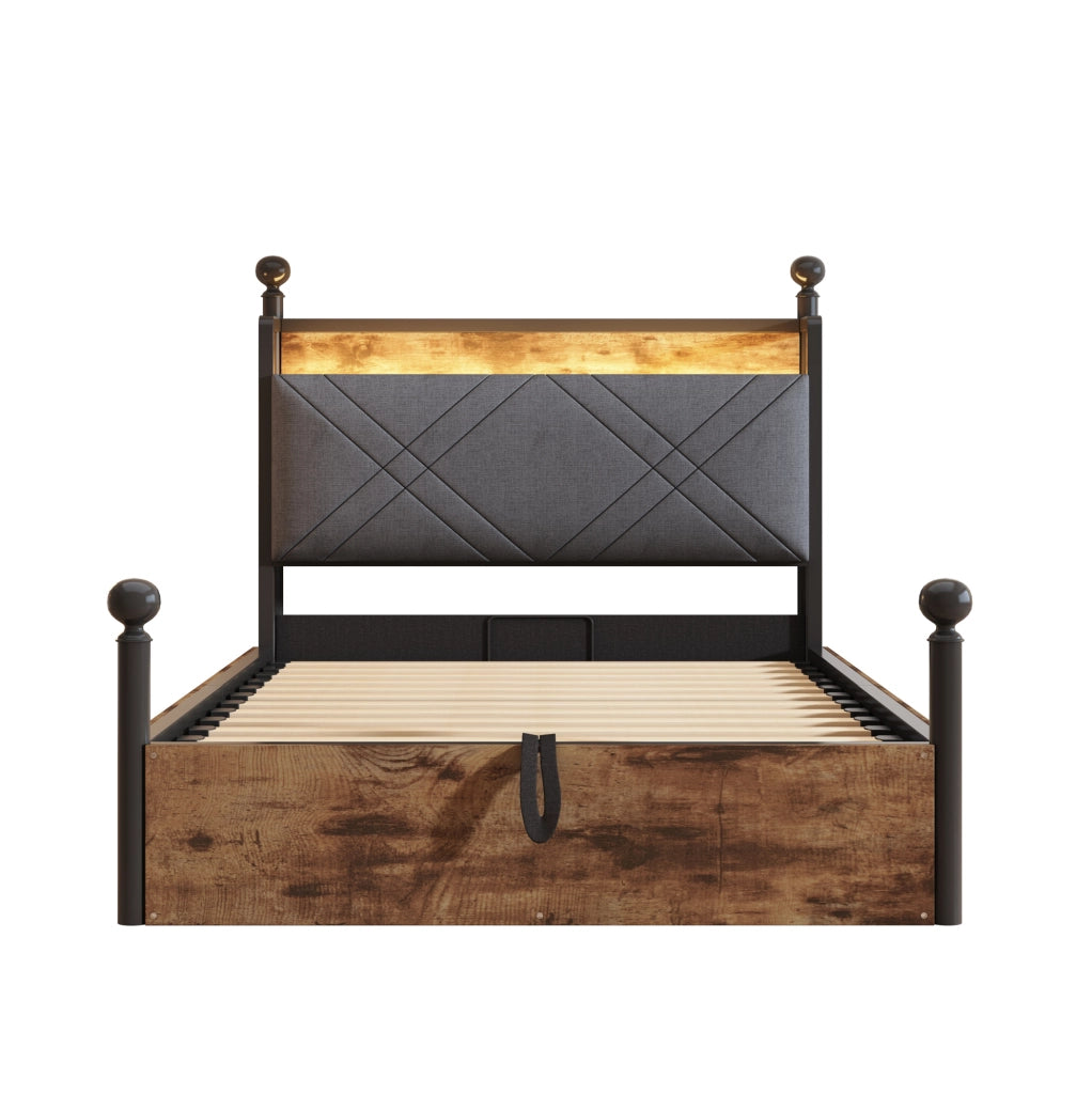 Letto 90x190 cm con contenitore idraulico e LED; metallo nero