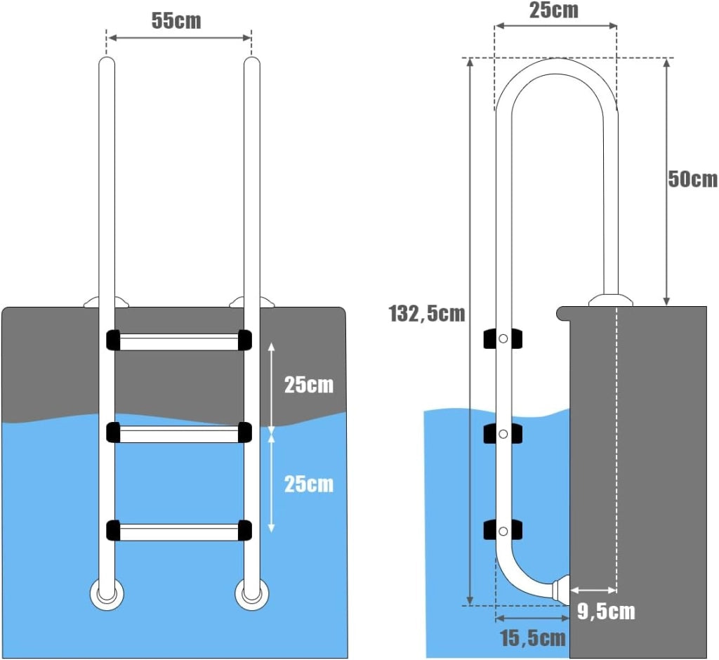 Scaletta Telescopica in Acciaio Inossidabile, Scaletta Piscina Fuori Terra a 3 Scalini Antiscivolo, Portata 150 KG, Scala per Piscina, Barca, Ponti, Pontile Galleggiante, 55 X 25 X 132,5 CM