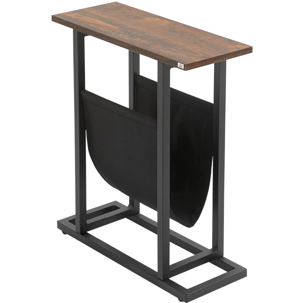 Tavolino laterale 49x19x55 cm con tasca portaoggetti; struttura in acciaio; poliestere marrone scuro