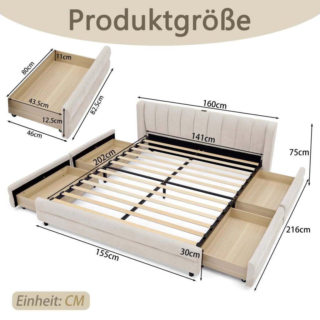 Letto con Cassetti 140x200 cm - 4 Cassetti; USB e Porta di Ricarica di Tipo C - Beige