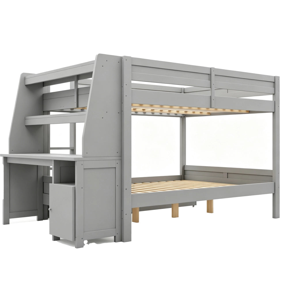 Letto a castello 140 x 200 cm con scrivania integrata; armadio laterale e cassetti; grigio