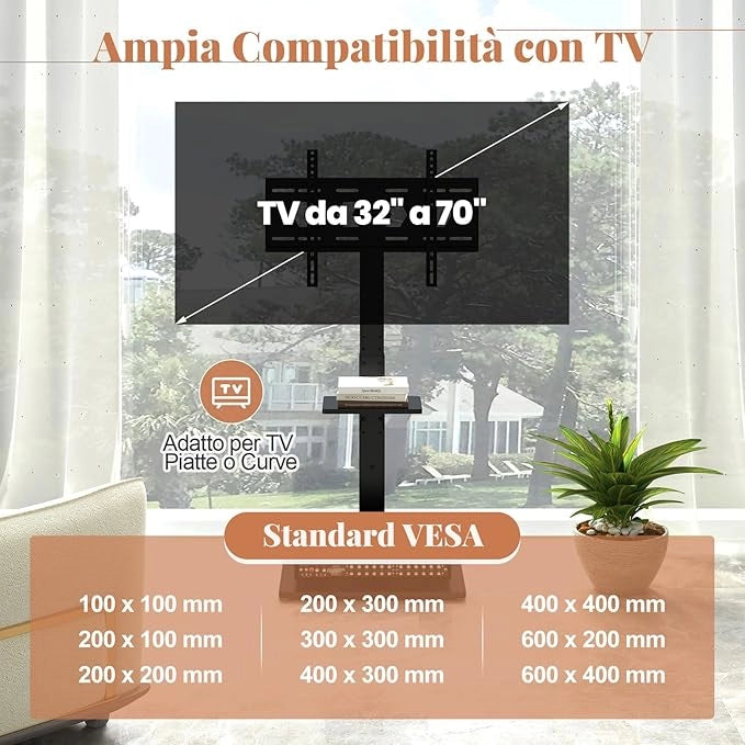 Supporto TV da Pavimento da 32-70 Pollici, Piedistallo TV Regolabile in Altezza e Inclinazione con Presa di Corrente e Ripiano AV, Portata 50 kg, Porta TV per Soggiorno