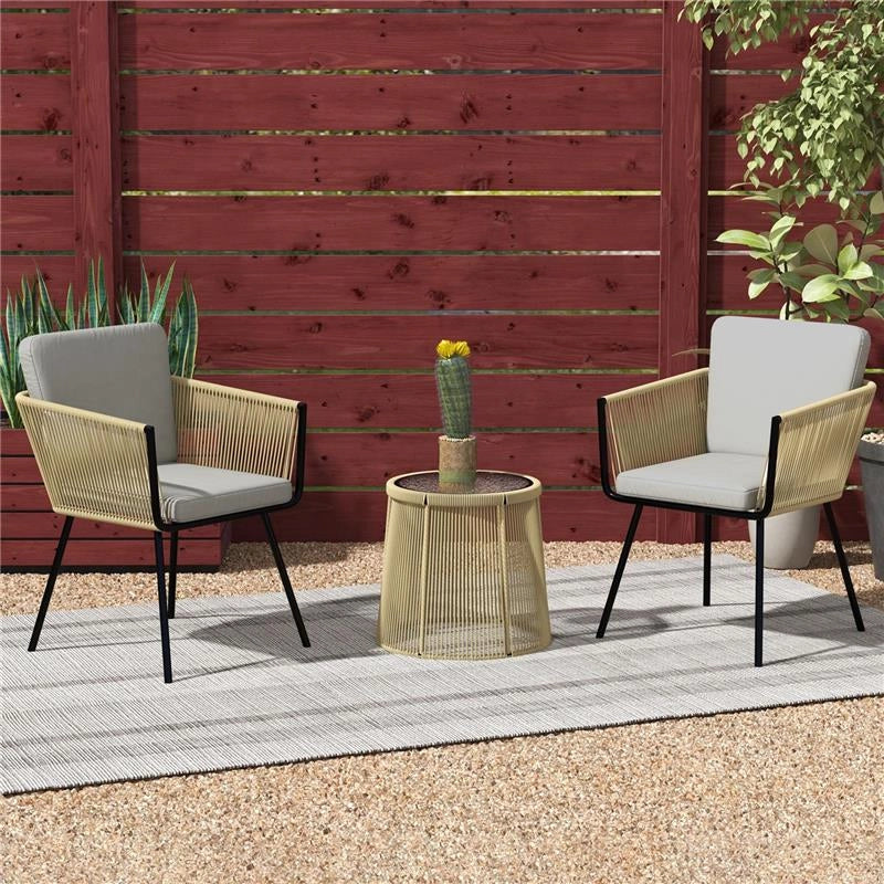 SET DA ESTERNO CON TAVOLINO IN VETRO E 2 SEDIE DA GIARDINO IN RATTAN STILE BOHO CAFFÉ