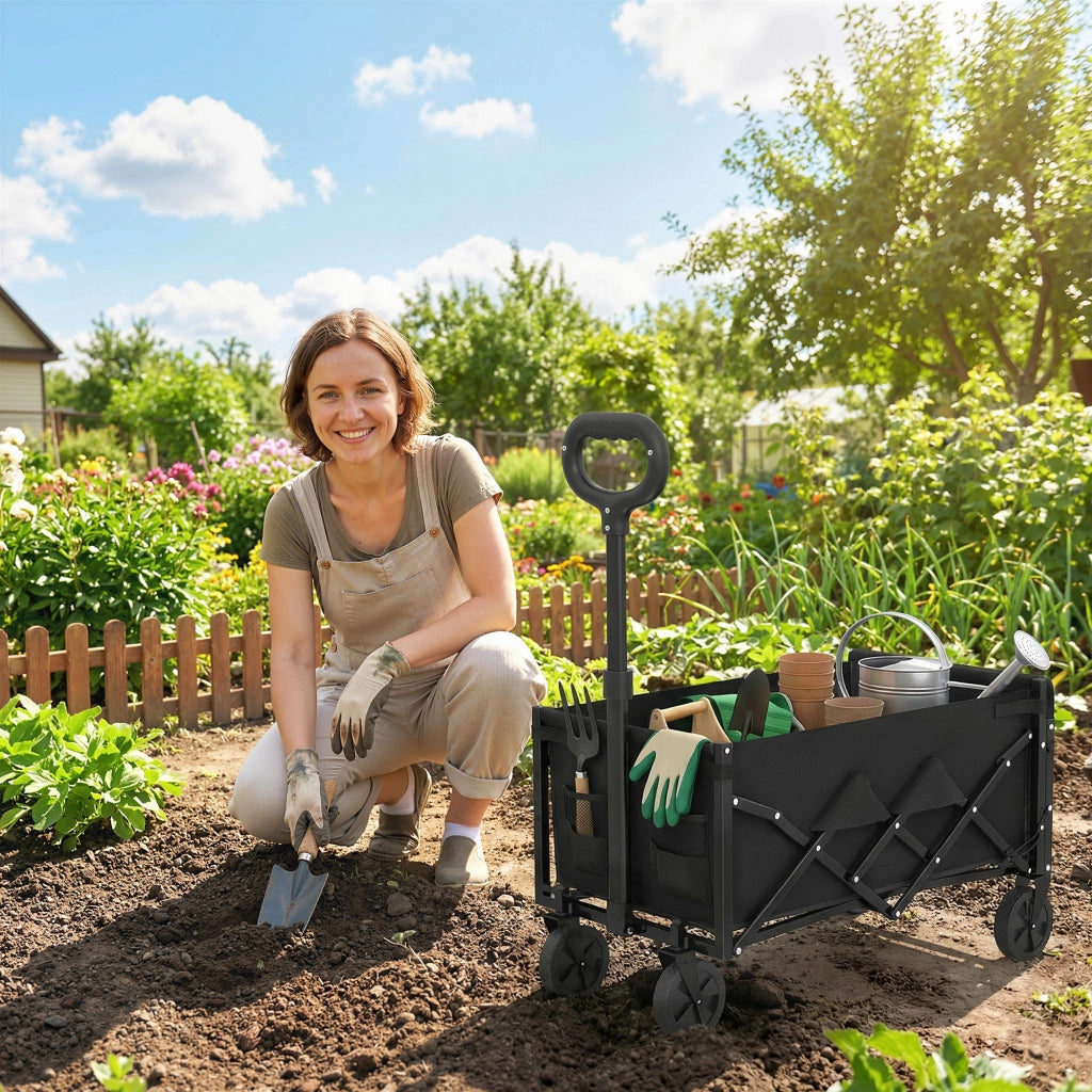 Carrello da Giardino 71x45x86 cm Pieghevole da 60L con Ruote e Lato Apribile in Tessuto Oxford Nero