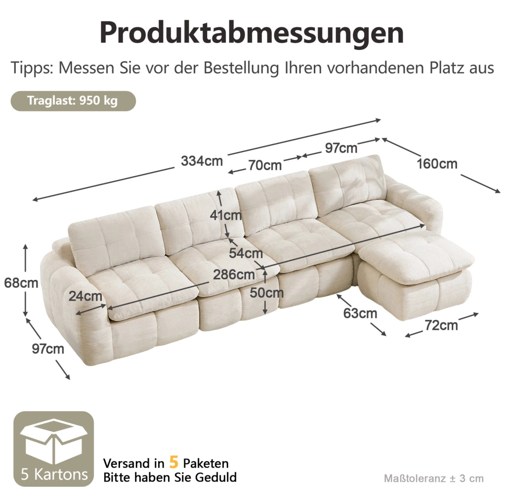 Divano modulare angolare in chenille beige 334x160x68 cm con pouf; senza montaggio