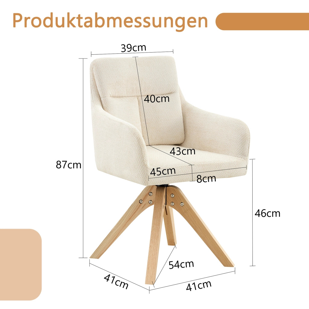 Sedia da Pranzo Set da 2 Girevole a 360° con Schienale Alto e Braccioli in Tessuto Bianco e Legno