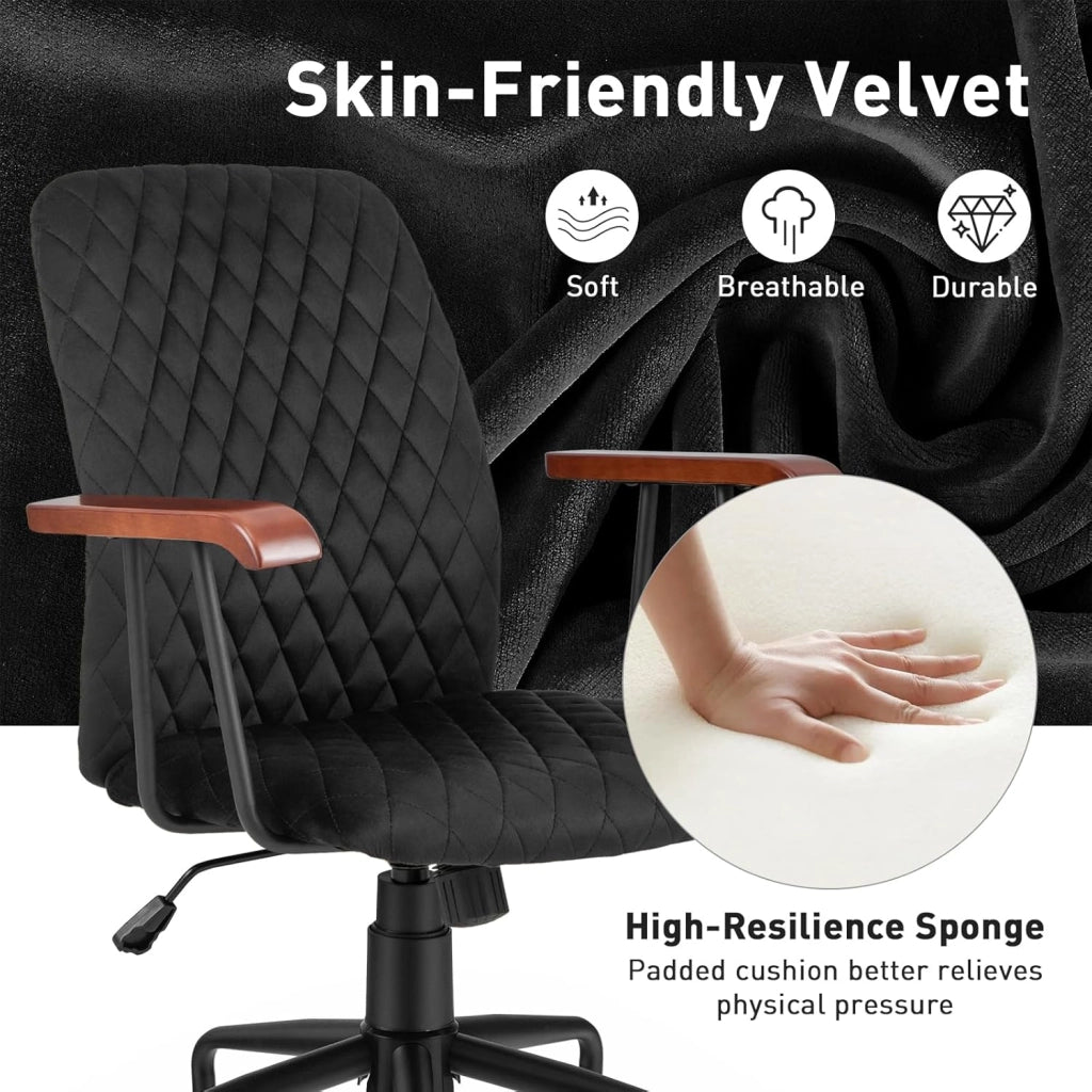 Poltrona da ufficio retrò in velluto regolabile in altezza con ruote, sedia da ufficio ergonomica con seduta imbottita e braccioli in legno di gomma, stile vintage, carico 150 kg