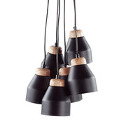 Cluster Lampada a Sospensione Metallo Nero e Legno Chiaro 6 Luci Forma Campana Moderna