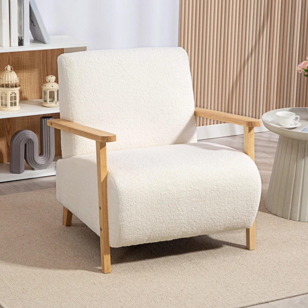 Poltrona da Salotto in Tessuto Sherpa con Braccioli e Gambe in Legno Stile Nordico, Crema