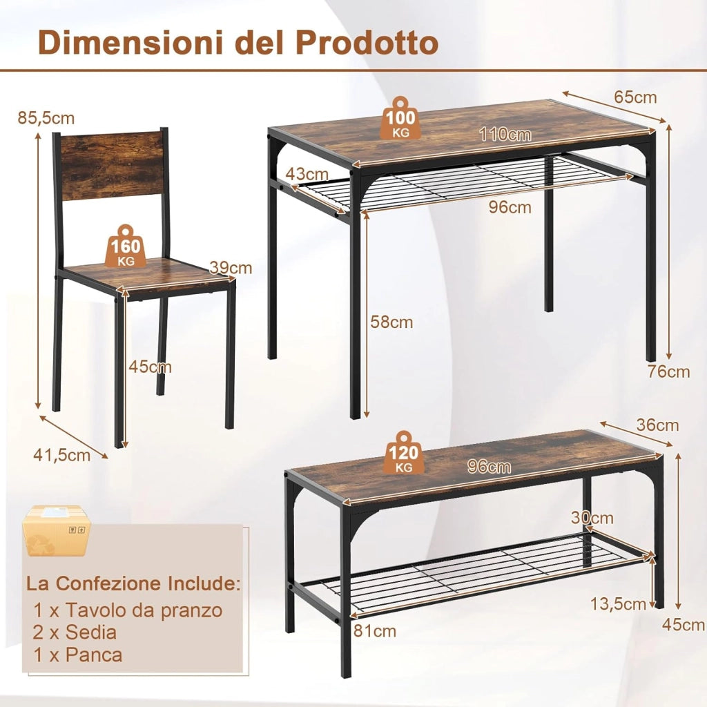 Set da Pranzo 4 Pezzi, Tavolo da Pranzo Industriale con 2 Sedie e Panca, Mobili da Cucina con Telaio in Metallo, Ripiano Portaoggetti(Marrone)