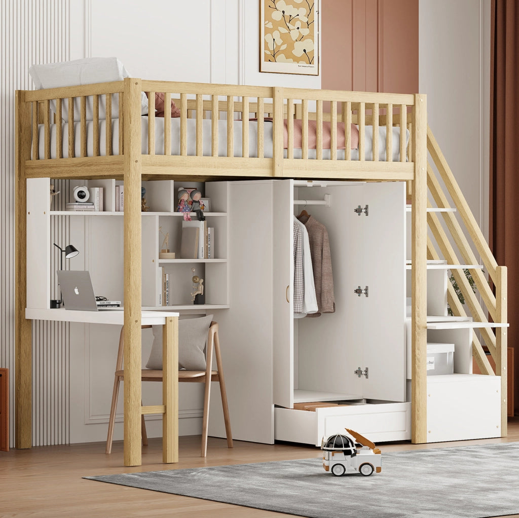 Letto a soppalco 90x200 con armadio, scrivania e scala