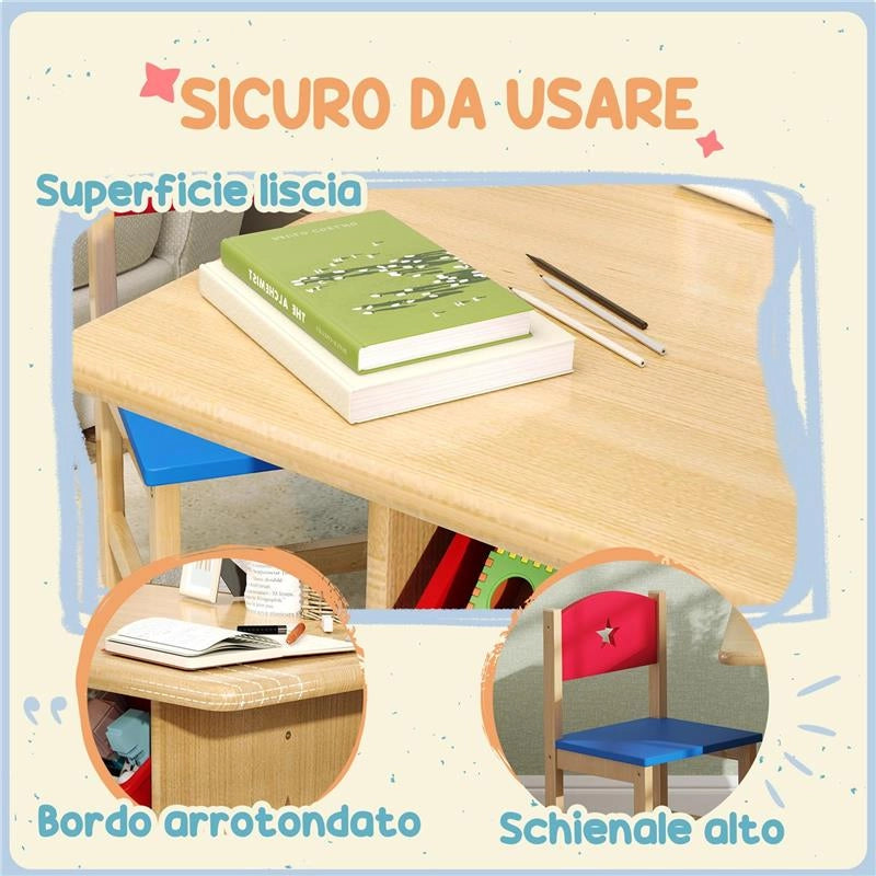 SET TAVOLO E SEDIE PER BAMBINI 3-7 ANNI CON 2 SEDIE E TAVOLO CON 4 CONTENITORI IN LEGNO E PP COLOR LEGNO