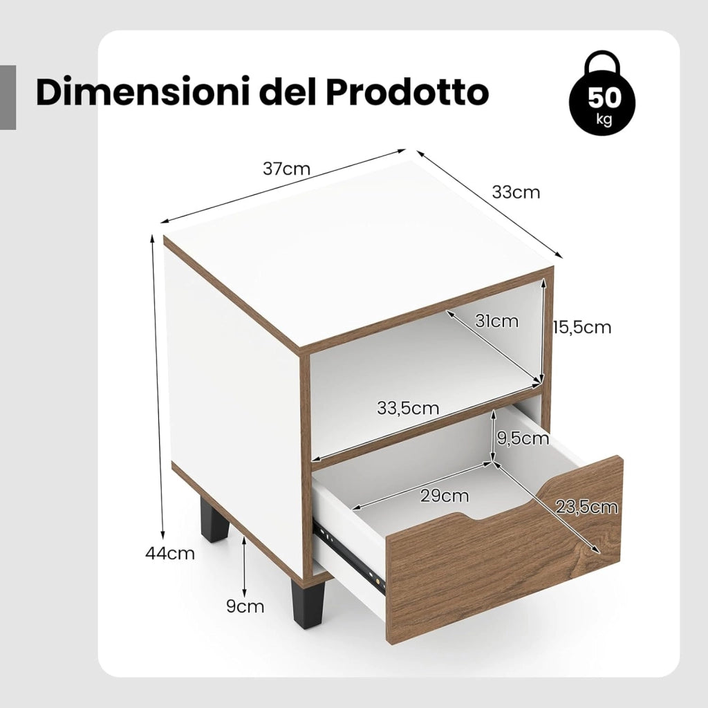 Set di 2 Comodini 37 x 33 x 44 cm, Tavolini da Letto con Cassetto, Scomparto Aperto e Gambe in Metallo, Mobile Laterale per Camera da Letto, Salotto e Soggiorno, Naturale e Bianco (2)