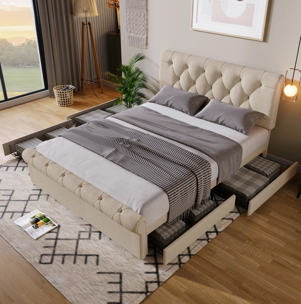 Letto matrimoniale 140x200 con 4 cassetti, testiera regolabile e materasso H3