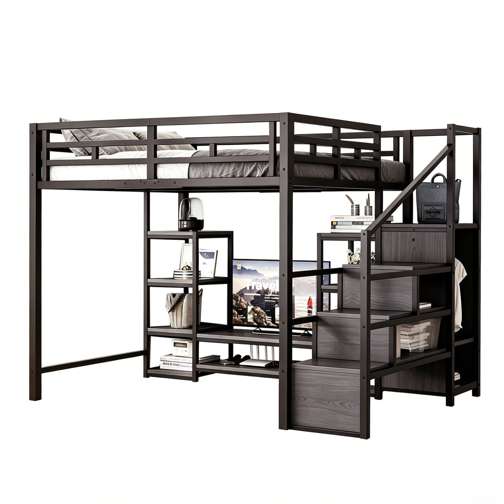 Hochbett 140x200 cm in metallo e MDF con supporto TV, presa integrata e scala contenitore, nero