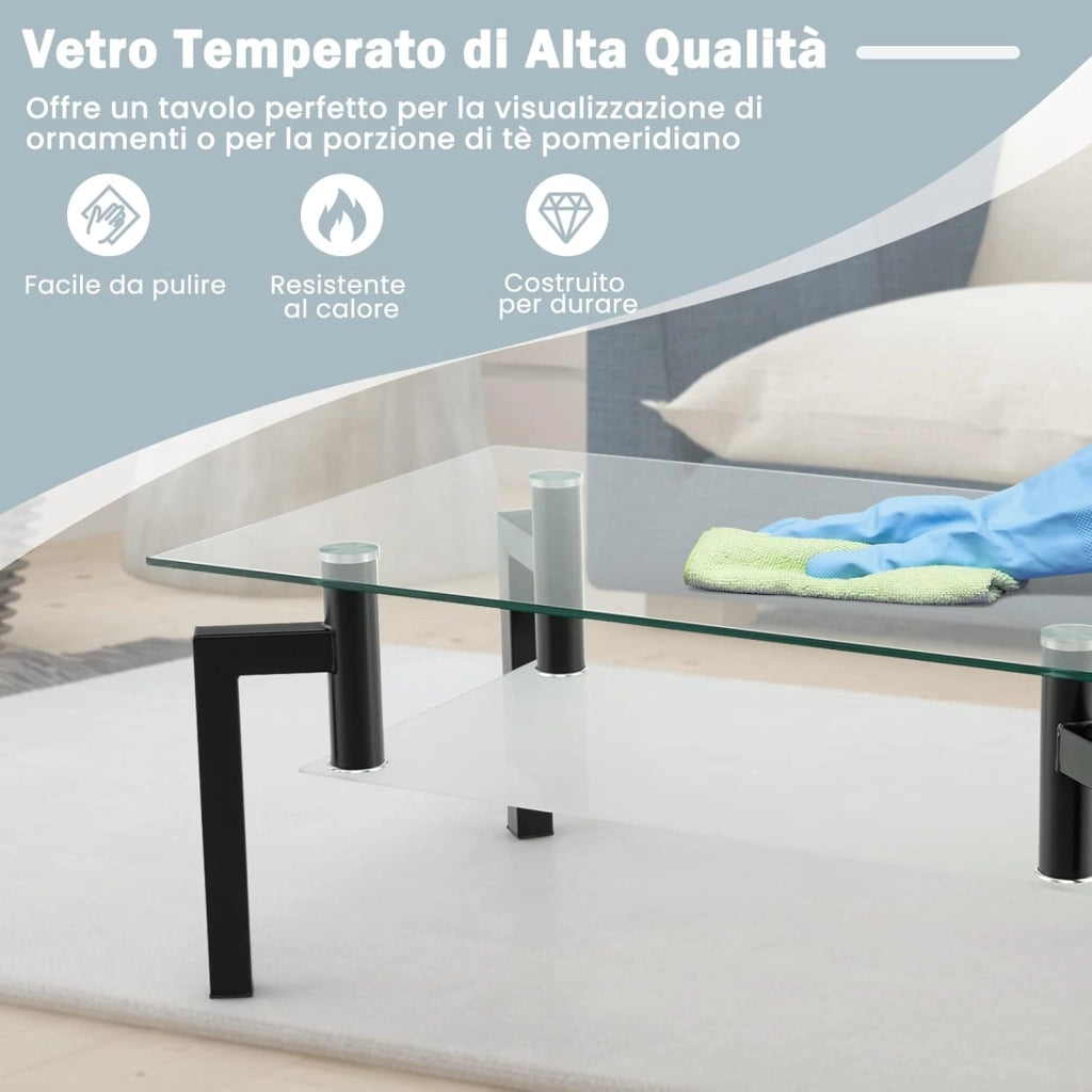 Tavolino da Salotto in Vetro Temperato Moderno, Tavolo Basso Rettangolare a 2 Livelli con Struttura in Metallo, Tavolino da Caffè per Soggiorno e Ufficio, 100 x 60 x 43 cm
