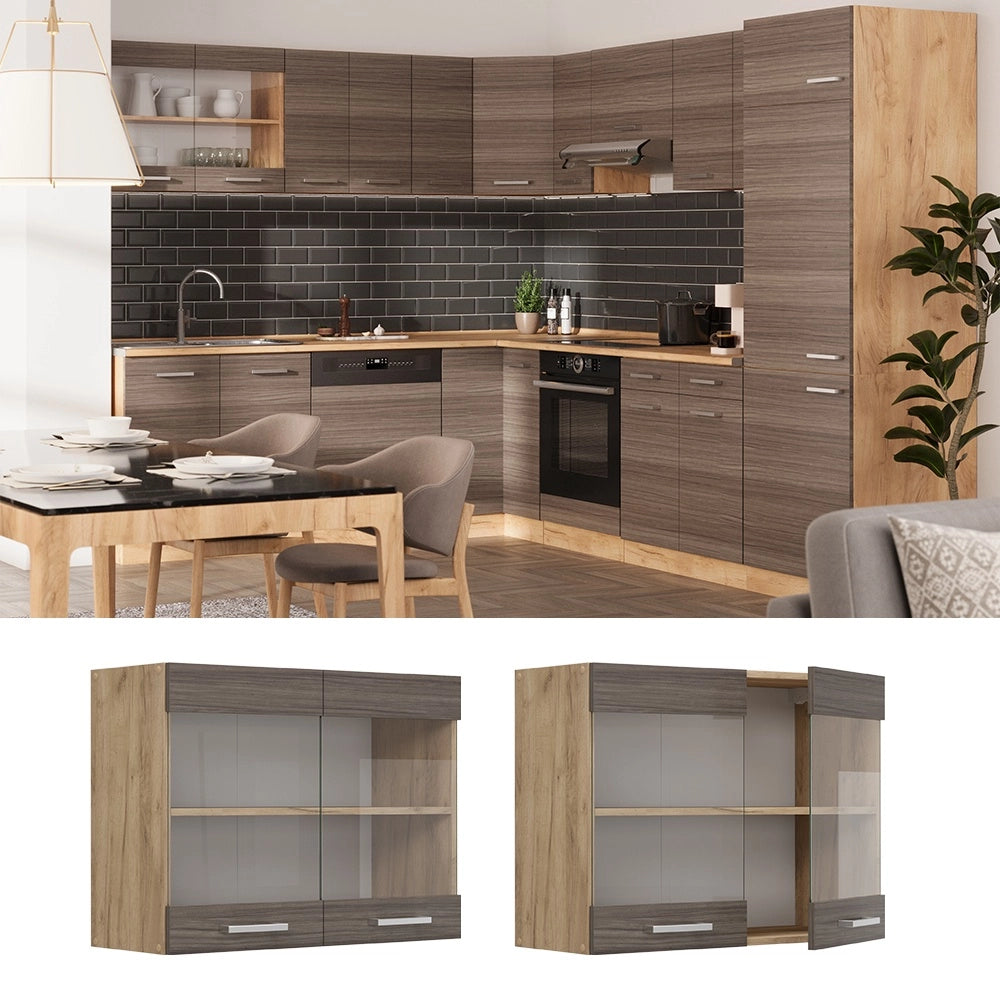 Mobile da cucina in vetro R-Line Grigio nobile/Rovere dorato 80 cm Vicco