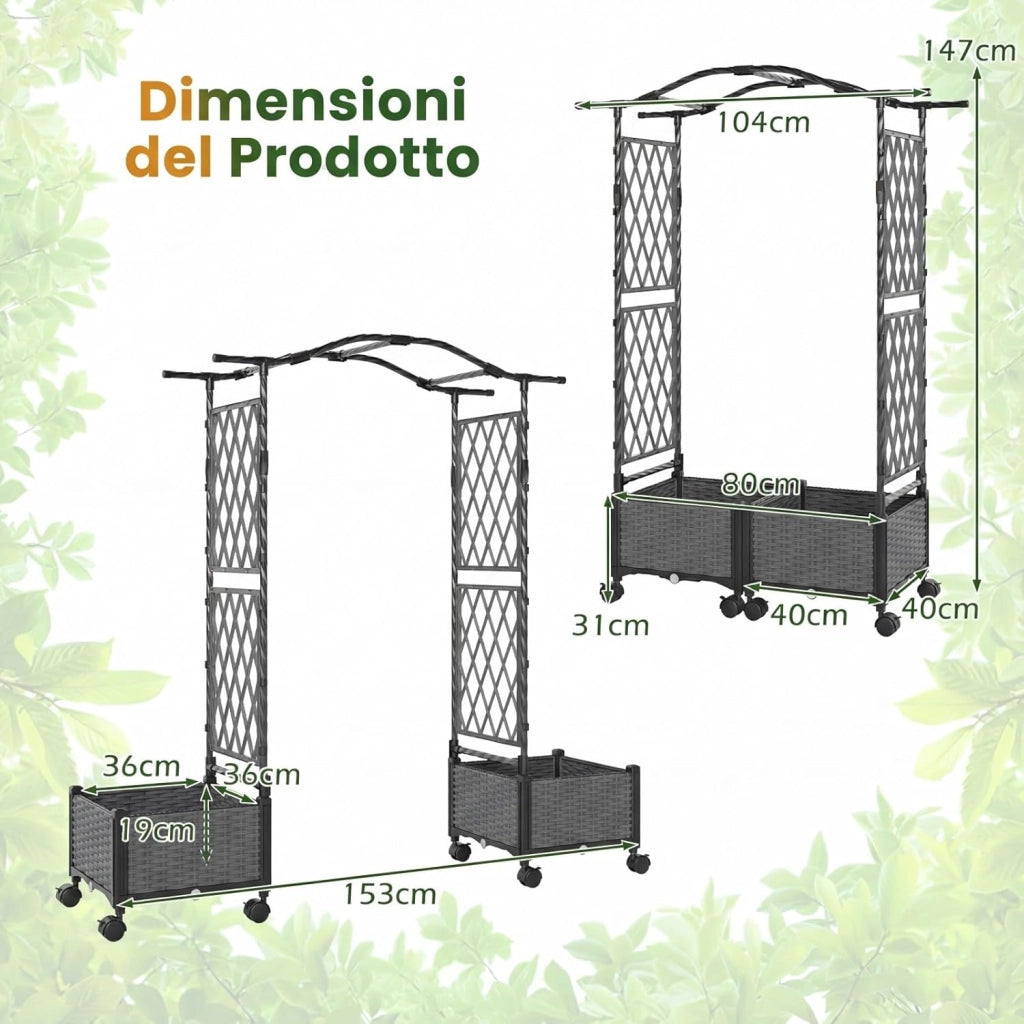Fioriera Rialzata con Graticcio e Tetto, Irrigazione Automatica e Ruote Bloccatili, Letto da Giardino Rialzato in Rattan Impermeabile per Piante Rampicanti, Fiori ed Erbe (Grigio)