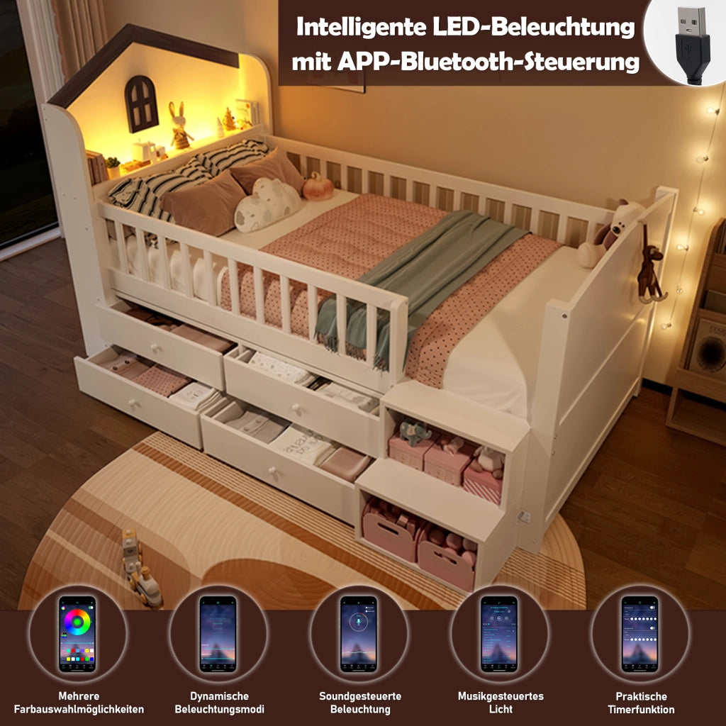 Letto a baldacchino bianco in pino con 4 cassetti LED e scala integrata 90x200 cm