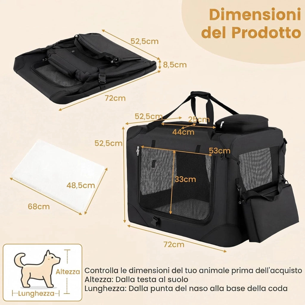 Trasportino per Cani e Gatti, Borsa per Cani Pieghevole e Traspirante con Morbido Cuscino, Parte Superiore Apribile, 2 Tasche Portaoggetti e 2 Manici per Animali Domestici (M,Nero)