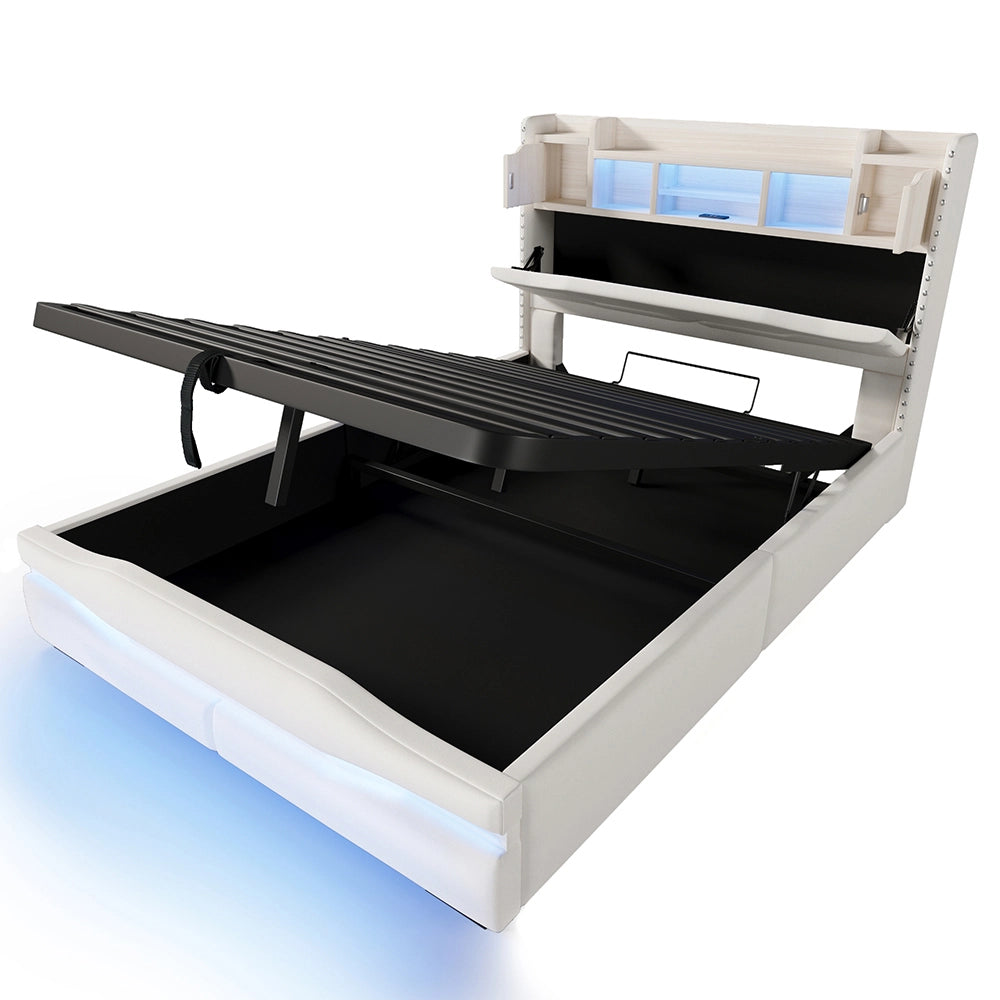 Letto matrimoniale-Xylo-140x200 cm-USB-C, LED RGB, idraulico, beige