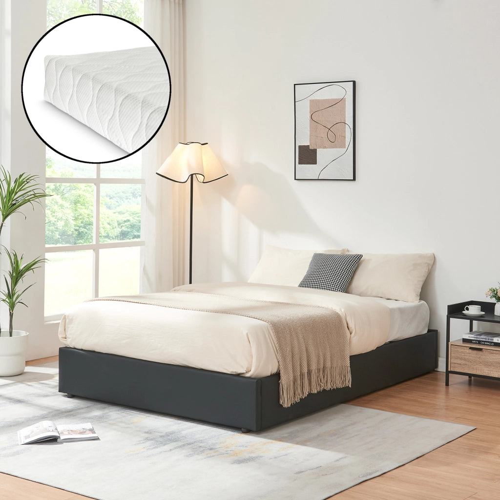 Letto Francese Contenitore Nola 140x200 cm con Materasso Apertura a Ribalta Rivestito in Similpelle - Nero [en.casa]