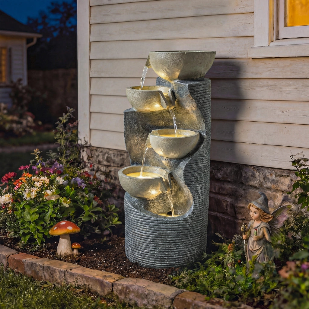 Fontana da giardino a 5 livelli con illuminazione LED pompa effetto pietra ¨C Zephmum ¨C 33x31x80 cm