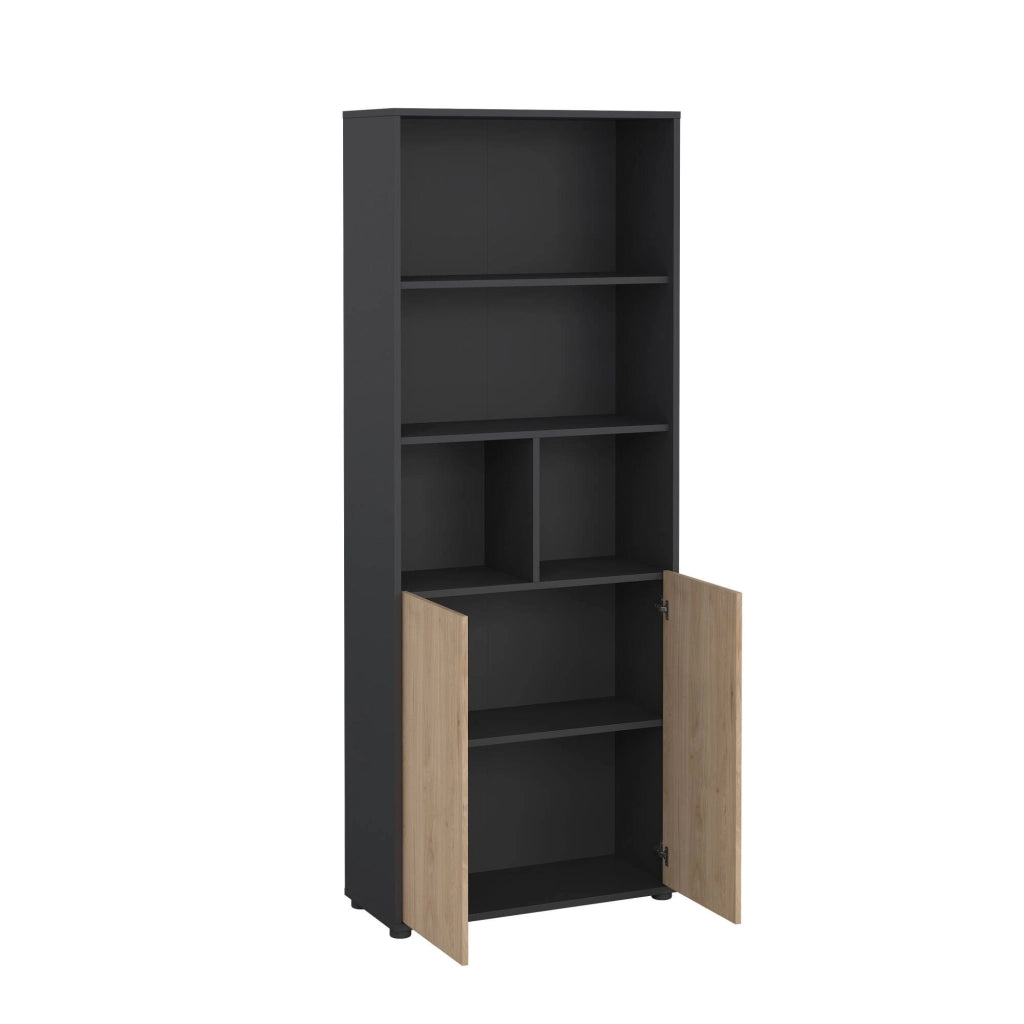 Libreria Arancio, Scaffale da ufficio, Mobile portalibri, Biblioteca, 80x34 h205 cm, Rovere e Grigio